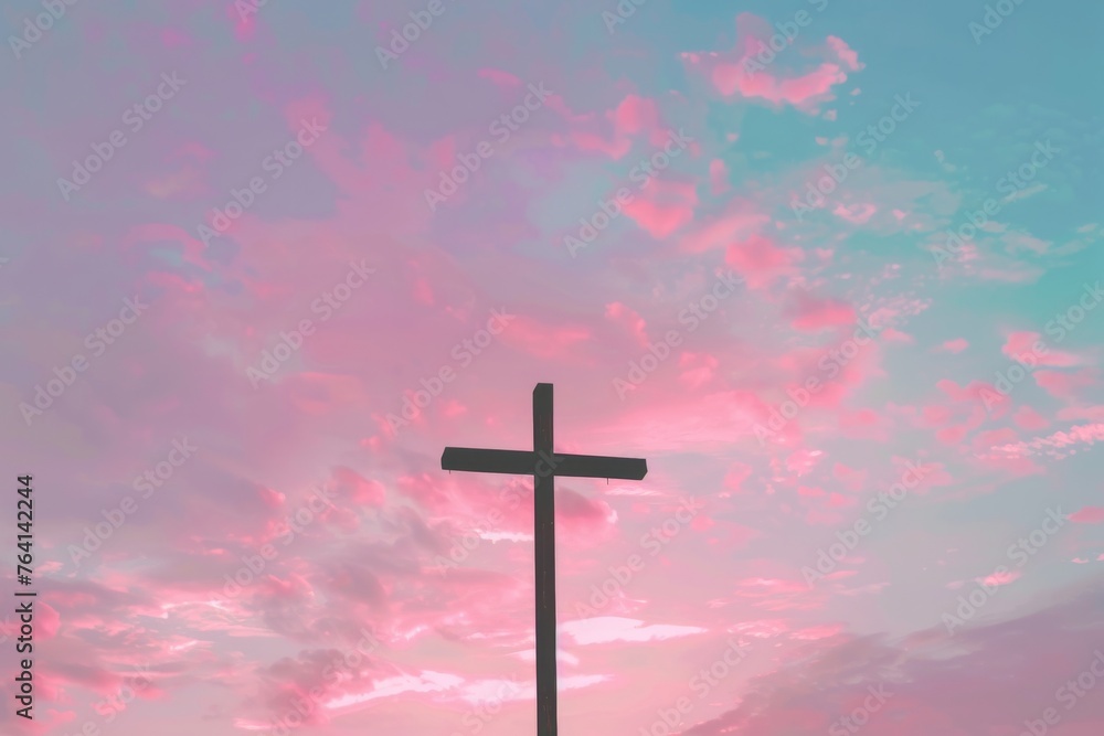 Minimalistic design of a cross silhouette with a pastel-colored sky in the background, emphasizing simplicity and purity.