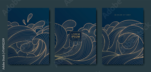 Vector set of japanese sea wave backgrounds, ocean water art, line oriental line illustrations. Graphic vintage seascape. Gold on blue © marylia17