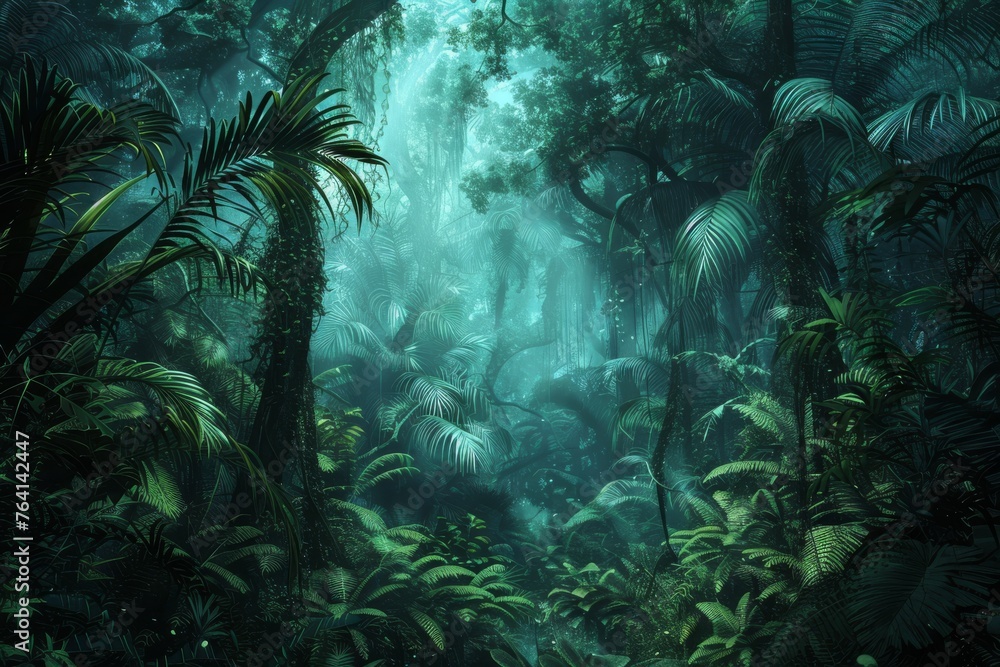 Mystic Jungle Twilight Mysterious and Tranquil Tropical Rainforest Scene, Digital Art Landscape Mystic Jungle Twilight Mysterious and Tranquil Tropical Rainforest Scene, Digital Art Landscape