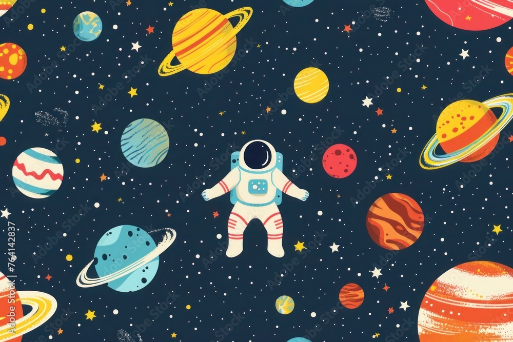 Background design with many planets in space illustration. Space icon set and astronaut Background design with many planets in space illustration. Space icon set and astronaut
