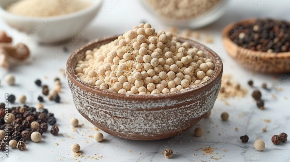 Freshly ground white pepper sprinkled on a white surface, its subtle heat and complex flavor profile blending seamlessly with the minimalist backdrop. Freshly ground white pepper sprinkled on a white surface, its subtle heat and complex flavor profile blending seamlessly with the minimalist backdrop.