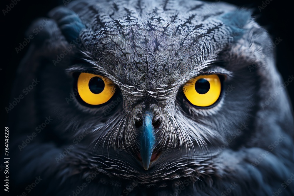 Fototapeta premium Majestic great gray owl portrait with neon blue eyes symbol of nature freedom and mystery