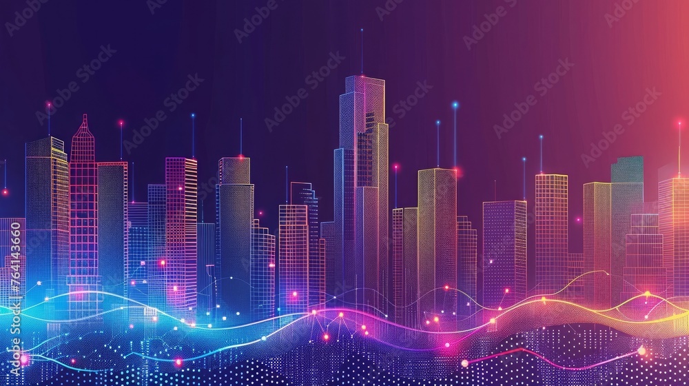 Fototapeta premium The concept of smart cities and abstract dot points are connected through a gradient line and an