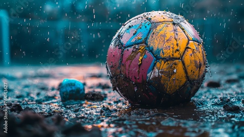 Colorful basketball abandoned in a puddle on gritty urban ground in the rain