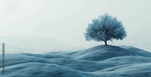 a lonely beautiful tree growing on a snowy hill, an illustration that shows beauty in minimalism with lots of free space