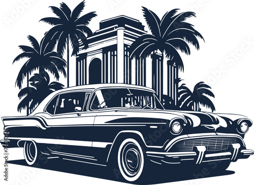 Classic american car style. Vintage vehicle vector illustration. Modern print design of retro machine.
