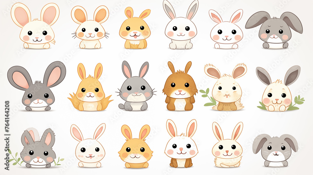 Adorable Collection of Cartoon Bunnies in Various Poses Generative AI