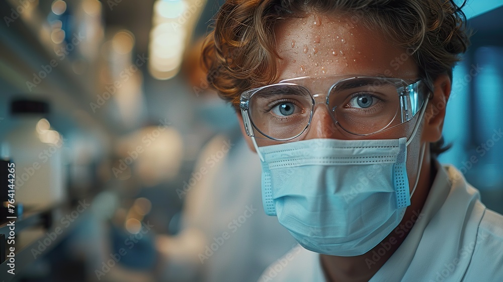 Man in white doctoruniform, glasses, mask, standing in office, clinic.