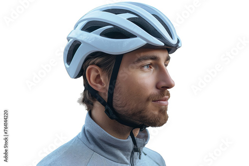 Side view of man wearing bicycle helmet on transparent background