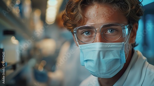 Man in white doctoruniform, glasses, mask, standing in office, clinic.