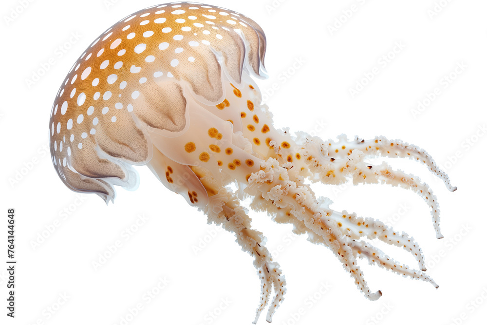 Jellyfish with spotted domes float gracefully against a transparent background