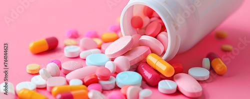 multi-colored pills pour out of a white bottle on a pink background.e concept of medicine, healthcare and pharmaceuticals