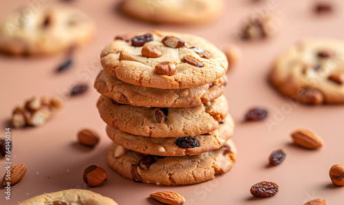 Stack of sweet homemade cookies with nuts and raisins around. Freshly baked on a pastel brown background with copy space.