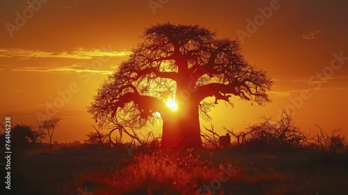 A single, ancient Baobab tree against the setting sun in Madagascar, silhouetted against the vastness of time and nature.