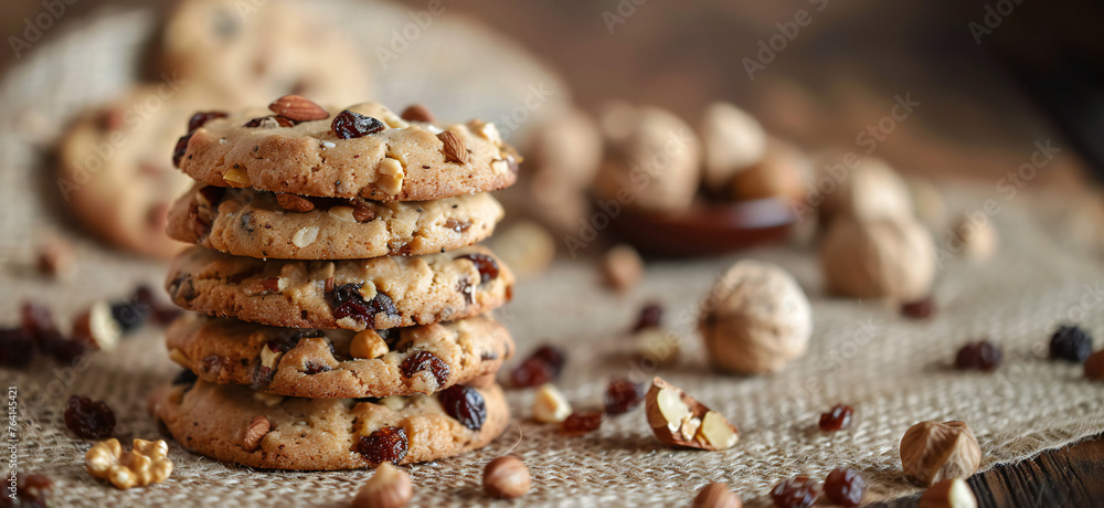 Stack of sweet homemade cookies with nuts and raisins around. Freshly baked on a pastel brown background with copy space.