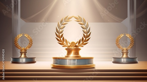 Winner award podium prize silver gold trophy win champion pedestal first stage bronze sport. Podium background winner 3d award ceremony medal platform laurel best place second third design light event