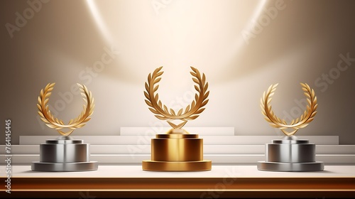 Winner award podium prize silver gold trophy win champion pedestal first stage bronze sport. Podium background winner 3d award ceremony medal platform laurel best place second third design light event