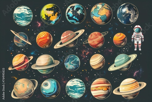Background design with many planets in space illustration. Space icon set and astronaut