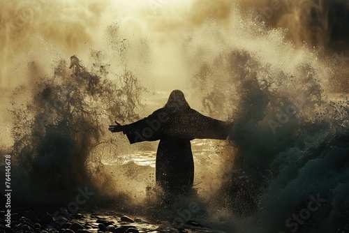 Silhouette of Jesus Christ calming the storm, demonstrating power and peace