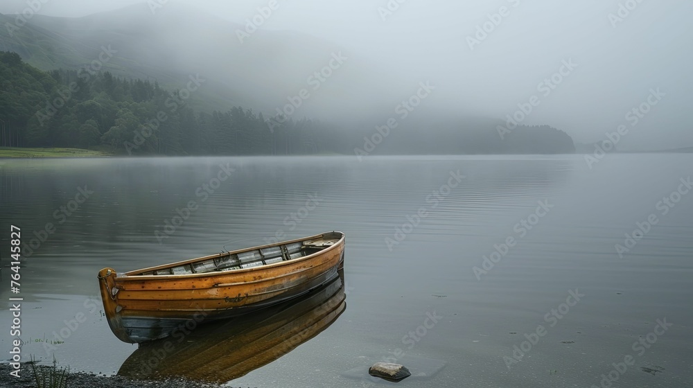 The lone rowboat on the misty Scottish loch whispers secrets of nature's enigmatic tranquility.