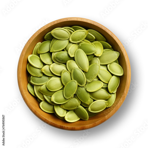 Pumpkin seeds in wooden bowl isolated on transparent or white background, png
