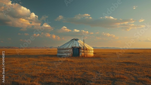 A solitary yurt against the sprawling, untouched vastness of the Mongolian steppe, embodying the solitude of nomadic life.