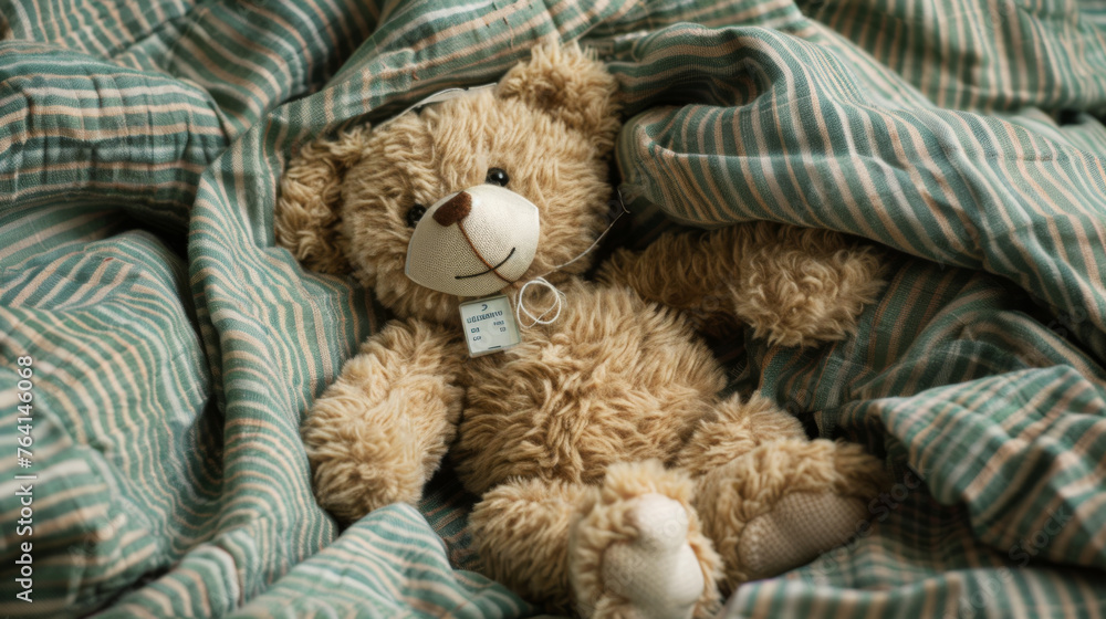 A teddy bear with a thermometer is nestled in a green and white checkered blanket. A teddy bear with a thermometer is nestled in a green and white checkered blanket.