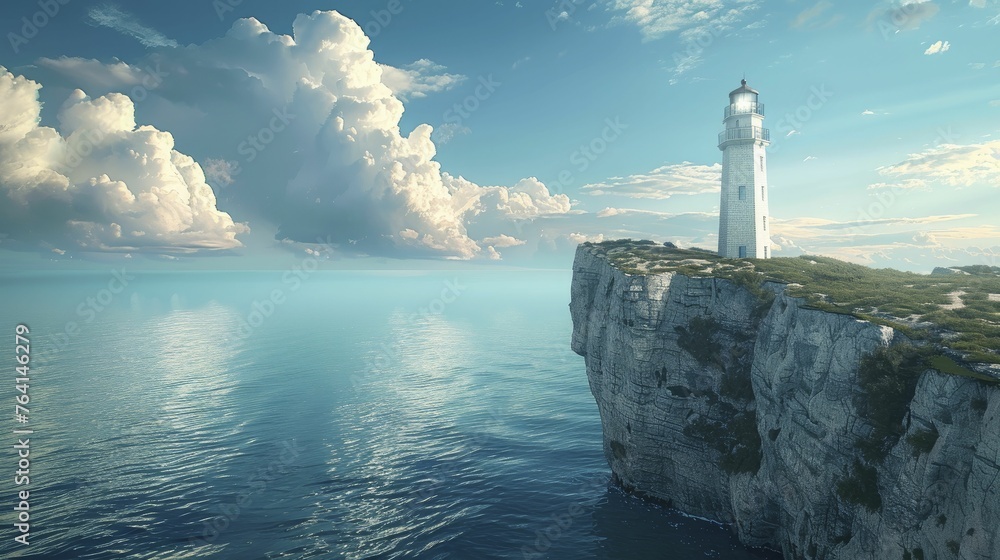 An isolated lighthouse on a remote cliff, its light a solitary beacon against the vastness of the ocean's expanse. - obrazy, fototapety, plakaty 