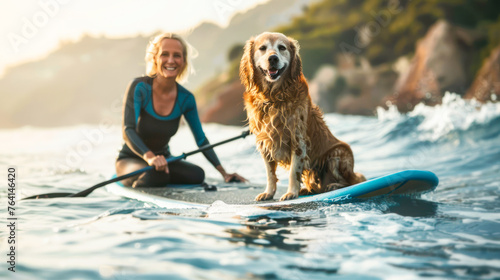 Stand up paddle boarding. Woman floating on a SUP board with a dog. The adventure of the sea with blue water on a surfing. Summer vacation. Woman keeping oar, training her sup boarding skills photo