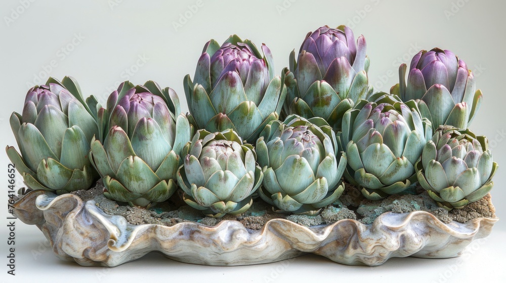 Fototapeta premium Delicately arranged artichokes, their green and purple hues striking against the white, showcasing the unique structure and texture of this thistle vegetable