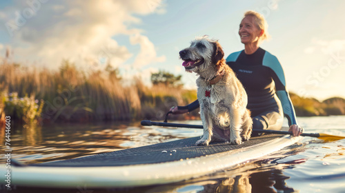 Happy woman in wetsuit floating on a SUP board with a dog. The adventure of the sea with blue water on a surfing. Summer vacation. Woman keeping oar, training her sup boarding skills. © Dina Photo Stories