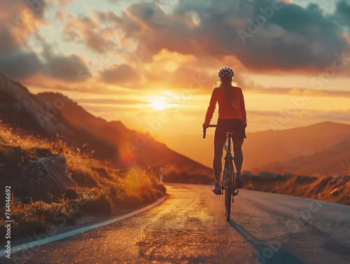 Female cyclist training intensely on a tranquil road as dusk settles in