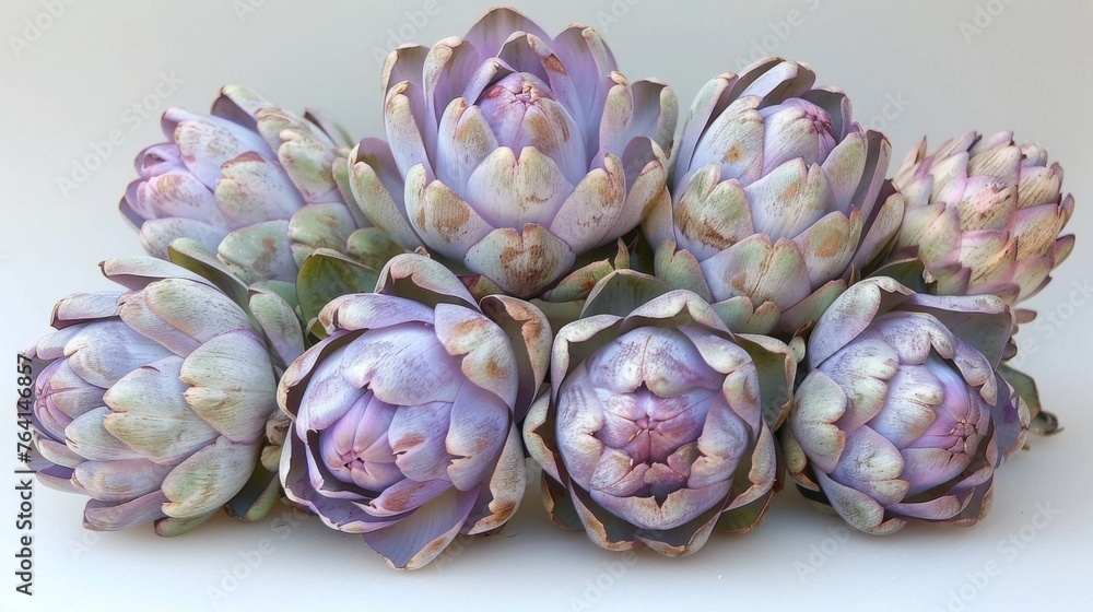 Obraz premium Delicately arranged artichokes, their green and purple hues striking against the white, showcasing the unique structure and texture of this thistle vegetable, inviting curiosity