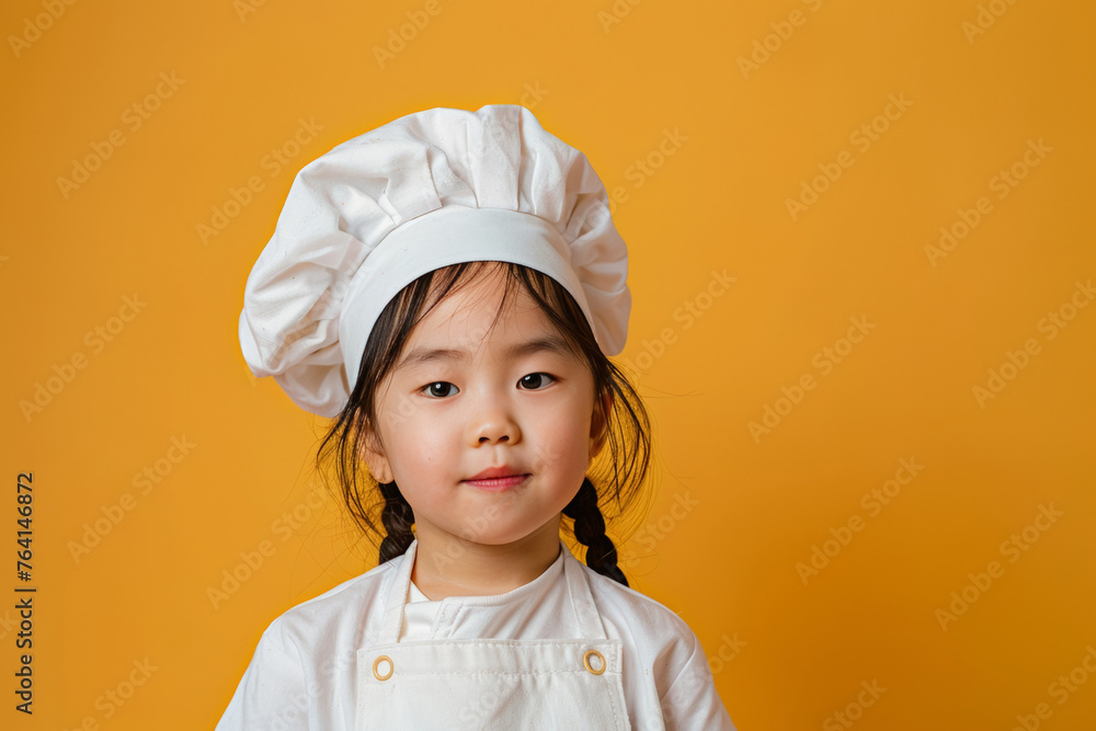cute asian smiling child in chef’s uniform - hat and clothes - portait on plain background, culinary cooking studio concept with copy space cute asian smiling child in chef’s uniform - hat and clothes - portait on plain background, culinary cooking studio concept with copy space