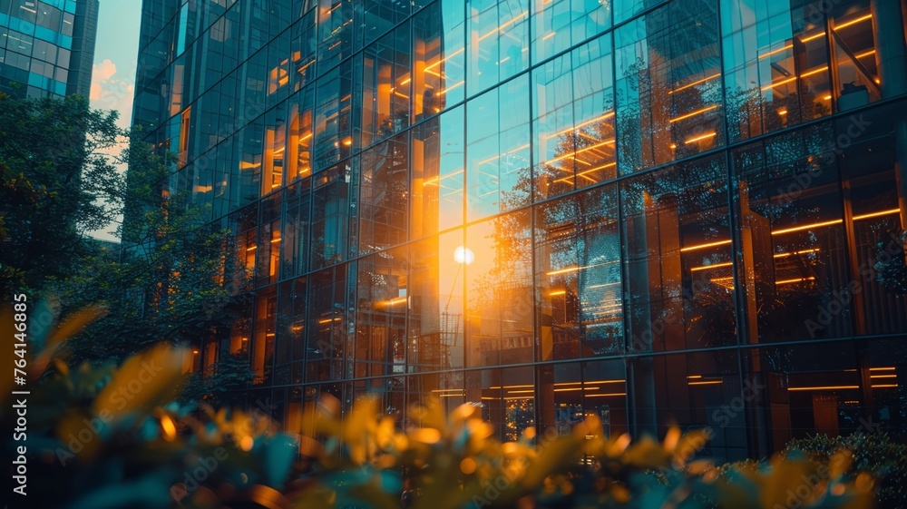 Warm sunset reflections on modern urban glass architecture