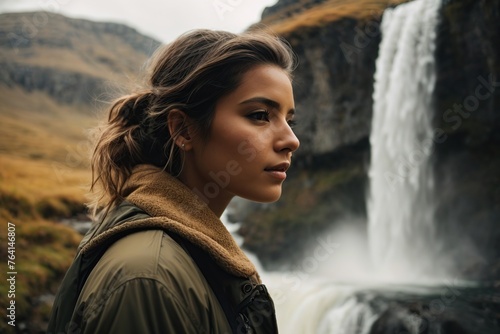 person is standing by a waterfall in a mountain photo