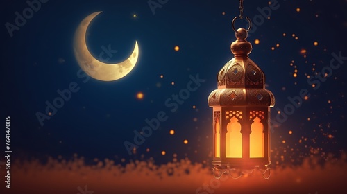 Ornamental Arabic lantern with crescent moon - Ramadan Kareem 