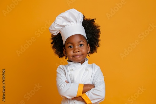 cute african smiling child in chef’s uniform - hat and clothes - portait on plain background, culinary cooking studio concept with copy space photo