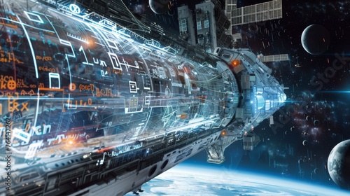 A hyper-realistic visualization of a space station equipped with a complex holographic interface, as it orbits Earth. The station features intricate designs and is poised against the backdrop of space