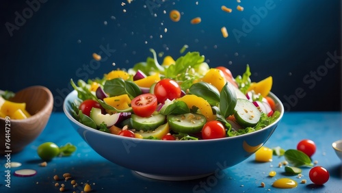 Vegetable salad in a bowl with flying ingredients and drops of olive oil