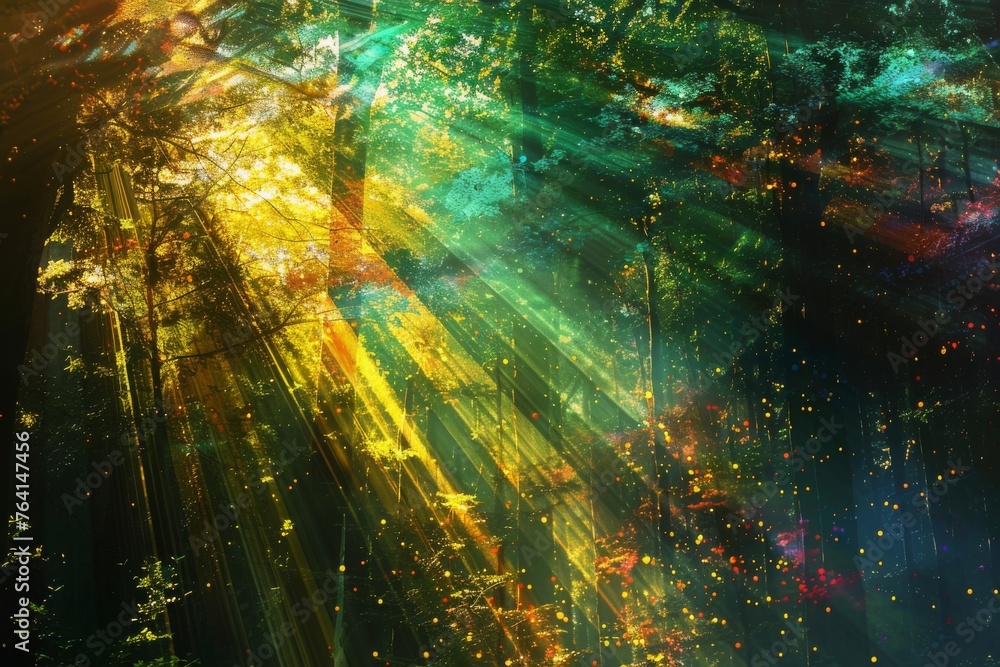 Spectral Harmony Abstract Light Play in Forest, Digital Illustration, Mystical Atmosphere Theme