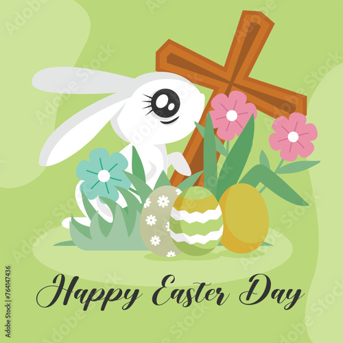 Easter day with rabbit ,christian cross ,flowers, and eggs background. Social media post