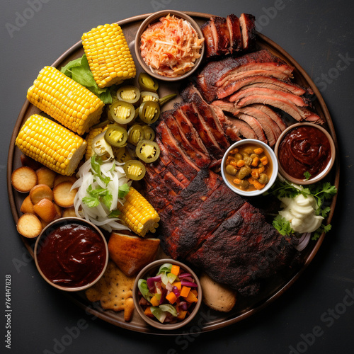 texas bbq with corn on the cobb, top view created with Generative Ai