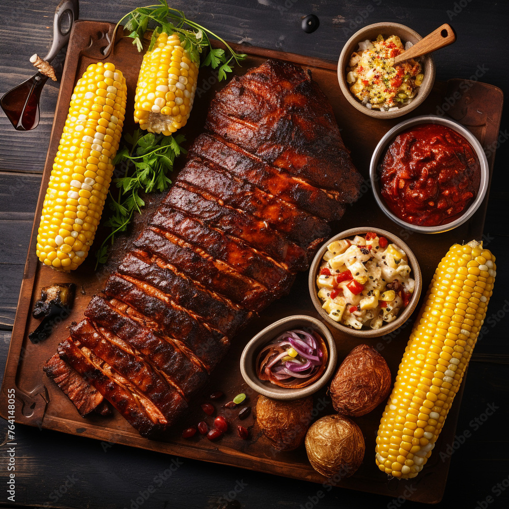 texas bbq with corn on the cobb, top view created with Generative Ai texas bbq with corn on the cobb, top view created with Generative Ai