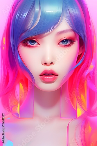 Vibrant Kawaii Asian Woman Surrounded by Colorful Frequencies of Candy Hues