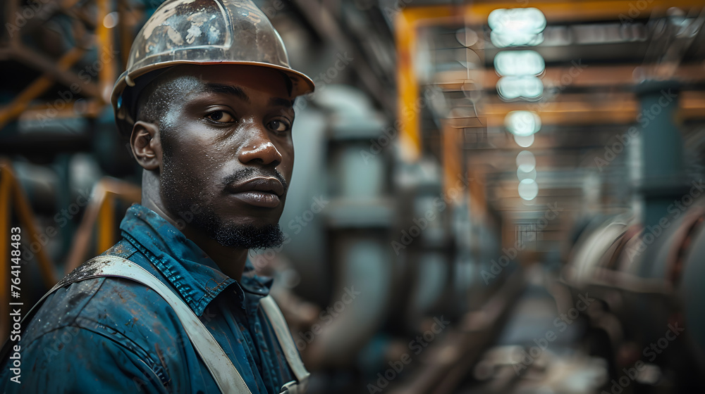 Focused industrial worker with hard hat in a machinery workshop, showcasing determination and resilience