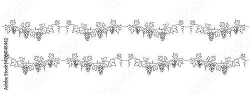 grape vine border design element, bunch of grapes horizontal seamless pattern, black line panoramic vector illustration