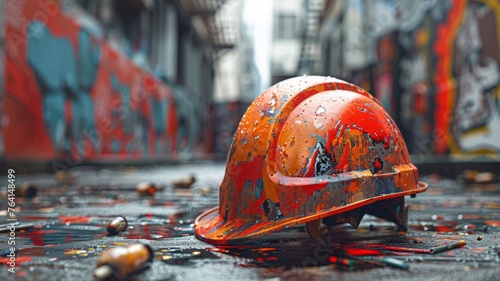 Splattered hardhat on an active urban construction site