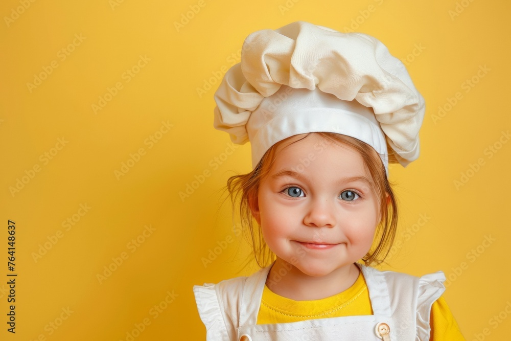 cute caucasian smiling child in chef’s uniform - hat and clothes - portait on plain background, culinary cooking studio concept with copy space cute caucasian smiling child in chef’s uniform - hat and clothes - portait on plain background, culinary cooking studio concept with copy space