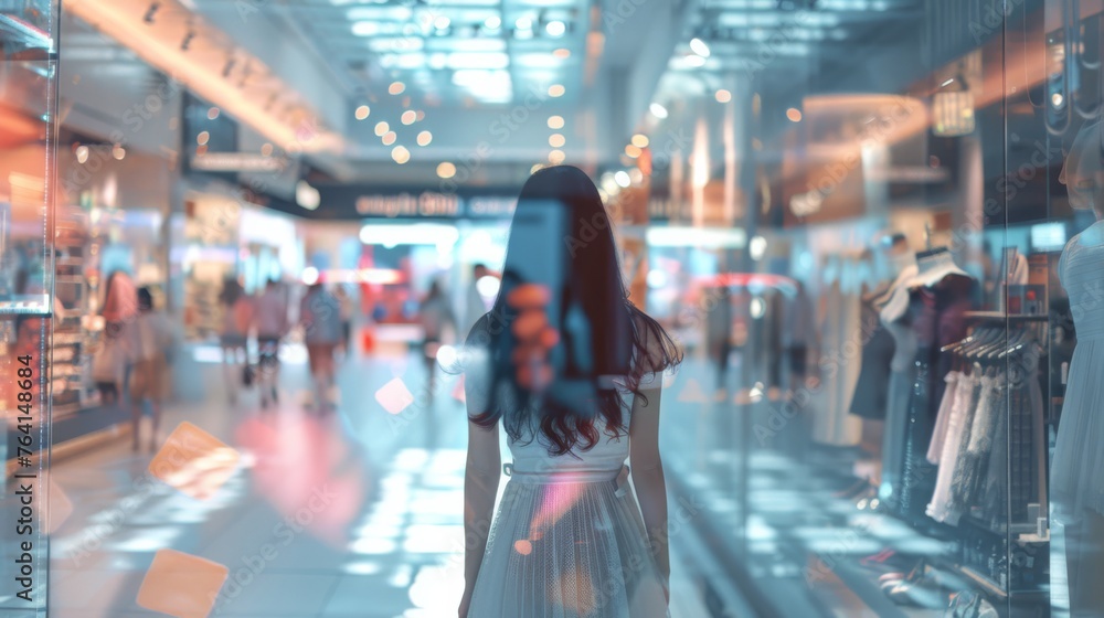 A woman is standing in front of a store window, looking at the displayed items. She appears relaxed and interested in the products showcased inside. The storefront is well-lit, and the womans attitude A woman is standing in front of a store window, looking at the displayed items. She appears relaxed and interested in the products showcased inside. The storefront is well-lit, and the womans attitude